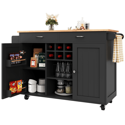 Ilha de cozinha moderna 102x45x92 cm - Móvel de cozinha, carrinho de buffet, mesa de jantar multifuncional com arrumação - Preto