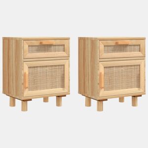 Lote de 2 Mesas De Cabeceira - Mesinhas De Cabeceira pinho maciço e vime natural castanho