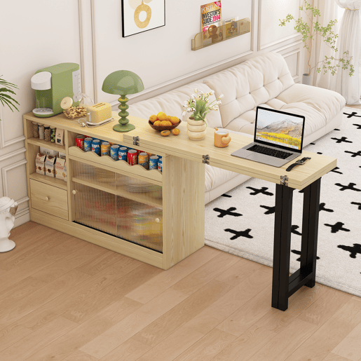 Mesa de jantar extensível com arrumação - Mesa de jantar moderna e móvel, mesa dobrável com grande arrumação, giratória a 360° - Natural