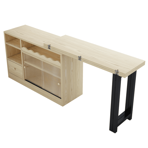 Mesa de jantar extensível com arrumação - Mesa de jantar moderna e móvel, mesa dobrável com grande arrumação, giratória a 360° - Natural
