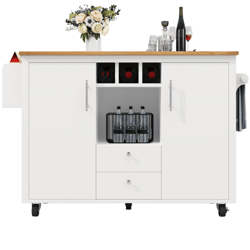 Ilha de cozinha 120x73x92 cm - Buffetschrank, cozinha com bancada dobrável, prateleira para toalhas, prateleira para especiarias, prateleira para vinho e prateleiras ajustáveis - branco