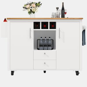 Ilha de cozinha 120x73x92 cm - Buffetschrank, cozinha com bancada dobrável, prateleira para toalhas, prateleira para especiarias, prateleira para vinho e prateleiras ajustáveis - branco