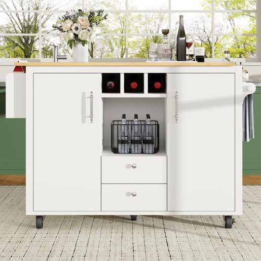 Ilha de cozinha 120x73x92 cm - Buffetschrank, cozinha com bancada dobrável, prateleira para toalhas, prateleira para especiarias, prateleira para vinho e prateleiras ajustáveis - branco