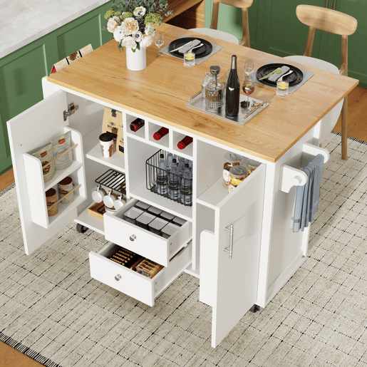 Ilha de cozinha 120x73x92 cm - Buffetschrank, cozinha com bancada dobrável, prateleira para toalhas, prateleira para especiarias, prateleira para vinho e prateleiras ajustáveis - branco