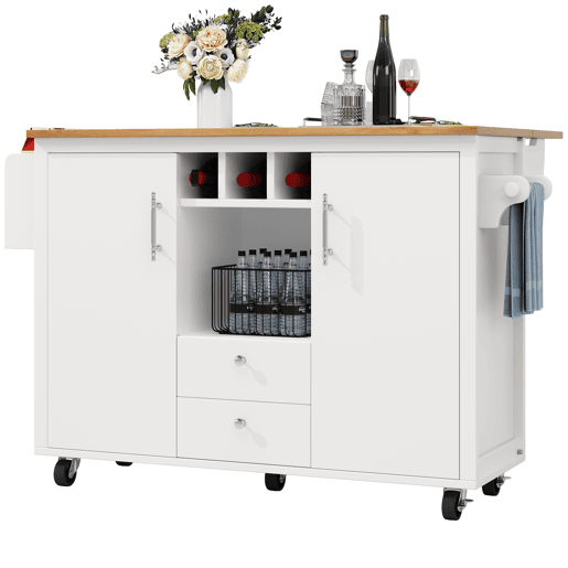 Ilha de cozinha 120x73x92 cm - Buffetschrank, cozinha com bancada dobrável, prateleira para toalhas, prateleira para especiarias, prateleira para vinho e prateleiras ajustáveis - branco