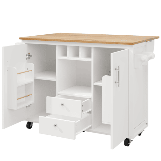 Ilha de cozinha 120x73x92 cm - Buffetschrank, cozinha com bancada dobrável, prateleira para toalhas, prateleira para especiarias, prateleira para vinho e prateleiras ajustáveis - branco