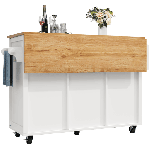 Ilha de cozinha 120x73x92 cm - Buffetschrank, cozinha com bancada dobrável, prateleira para toalhas, prateleira para especiarias, prateleira para vinho e prateleiras ajustáveis - branco