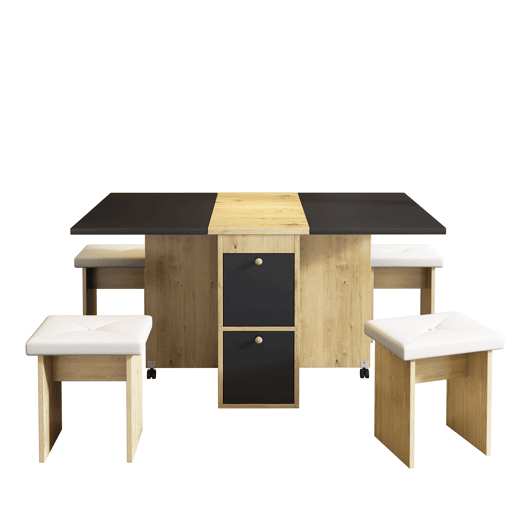 Conjunto de mesa de jantar 120x80x75 - Mesa extensível, 4 cadeiras, multifuncional - Branco + Preto