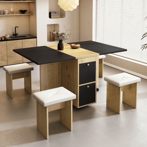 Conjunto de mesa de jantar 120x80x75 - Mesa extensível, 4 cadeiras, multifuncional - Branco + Preto