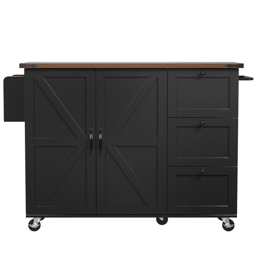 Ilha de cozinha 120x60x90 cm - Carrinho de serviço com bancada extensível, com 2 portas e 3 gavetas - Preto