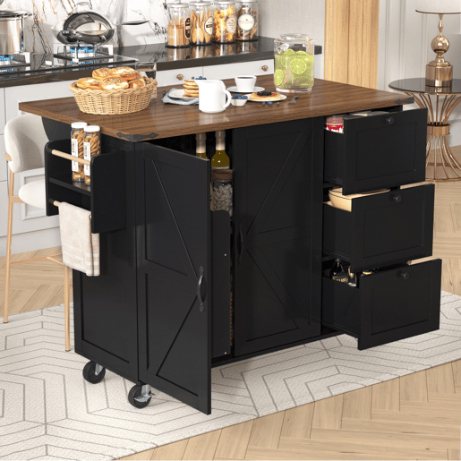 Ilha de cozinha 120x60x90 cm - Carrinho de serviço com bancada extensível, com 2 portas e 3 gavetas - Preto