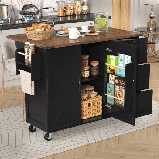 Ilha de cozinha 120x60x90 cm - Carrinho de serviço com bancada extensível, com 2 portas e 3 gavetas - Preto