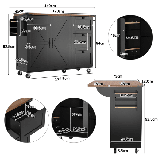 Ilha de cozinha 120x60x90 cm - Carrinho de serviço com bancada extensível, com 2 portas e 3 gavetas - Preto