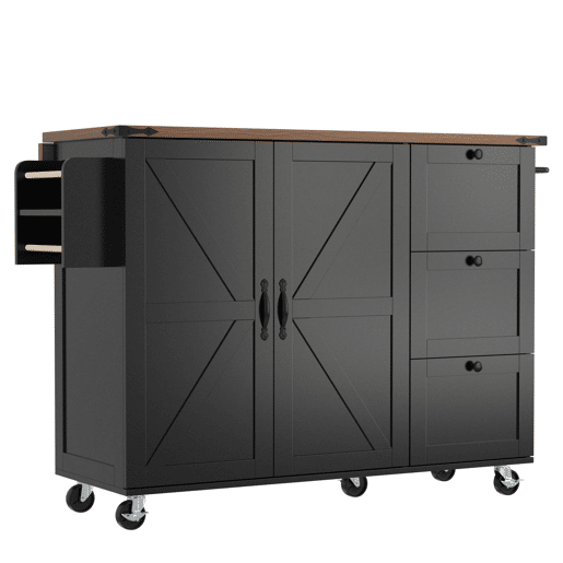 Ilha de cozinha 120x60x90 cm - Carrinho de serviço com bancada extensível, com 2 portas e 3 gavetas - Preto