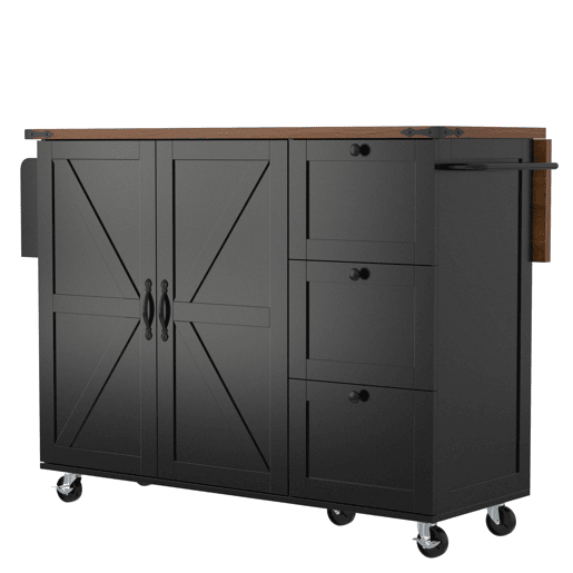 Ilha de cozinha 120x60x90 cm - Carrinho de serviço com bancada extensível, com 2 portas e 3 gavetas - Preto