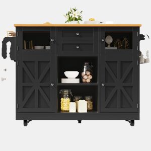 Ilha de cozinha - Carrinho de sala de jantar com superfície de trabalho, armário buffet, portas tridimensionais com rodas, divisória ajustável - Preto