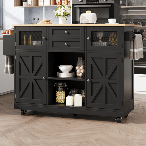 Ilha de cozinha - Carrinho de sala de jantar com superfície de trabalho, armário buffet, portas tridimensionais com rodas, divisória ajustável - Preto