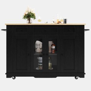 Ilha de cozinha - Com painéis removíveis - Com armário e bancada - Cor Preto + Natural