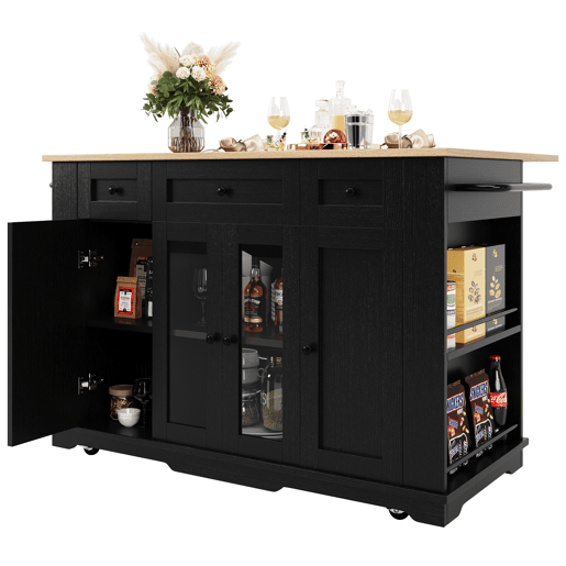 Ilha de cozinha - Com painéis removíveis - Com armário e bancada - Cor Preto + Natural