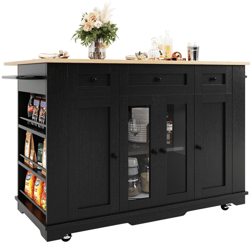 Ilha de cozinha - Com painéis removíveis - Com armário e bancada - Cor Preto + Natural