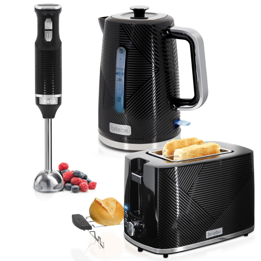 Briebe SKT1186BLK Elegance Conjunto de Torradeira de Pão 2 Fatias Largas+ Chaleira Elétrica 1,7L sem BPA + Varinha 2 Velocidades, 2200, Preto