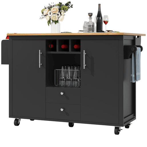 Ilha de cozinha 120x73x92 cm - Armário de cozinha, carrinho de cozinha com bancada rebatível, suporte para toalhas, prateleira para especiarias, prateleira para portas, prateleira para vinho e prateleiras ajustáveis - Preto