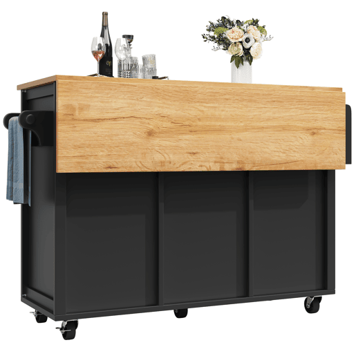 Ilha de cozinha 120x73x92 cm - Armário de cozinha, carrinho de cozinha com bancada rebatível, suporte para toalhas, prateleira para especiarias, prateleira para portas, prateleira para vinho e prateleiras ajustáveis - Preto