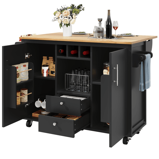 Ilha de cozinha 120x73x92 cm - Armário de cozinha, carrinho de cozinha com bancada rebatível, suporte para toalhas, prateleira para especiarias, prateleira para portas, prateleira para vinho e prateleiras ajustáveis - Preto