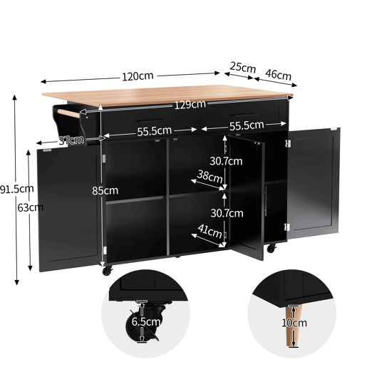 Carrinho de refeições 129x46(71)x91,5 cm - com mesa dobrável, prateleiras internas, 5 rodas, 2 gavetas - Preto