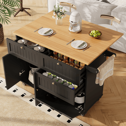 Ilha de cozinha moderna 120x60x90 cm - Buffet, mesa multifuncional com arrumação, carrinho de cozinha com prateleiras extensíveis - Preto Ilha de cozinha moderna 120x60x90 cm - Buffet, mesa multifuncional com arrumação, carrinho de cozinha com prateleiras extensíveis - Preto