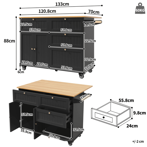 Ilha de cozinha moderna 120x60x90 cm - Buffet, mesa multifuncional com arrumação, carrinho de cozinha com prateleiras extensíveis - Preto Ilha de cozinha moderna 120x60x90 cm - Buffet, mesa multifuncional com arrumação, carrinho de cozinha com prateleiras extensíveis - Preto