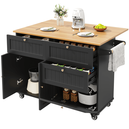 Ilha de cozinha moderna 120x60x90 cm - Buffet, mesa multifuncional com arrumação, carrinho de cozinha com prateleiras extensíveis - Preto Ilha de cozinha moderna 120x60x90 cm - Buffet, mesa multifuncional com arrumação, carrinho de cozinha com prateleiras extensíveis - Preto
