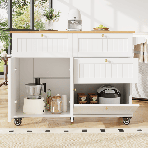 Ilha de cozinha moderna - Multifuncional com espaço de armazenamento e prateleiras extensíveis - Branco
