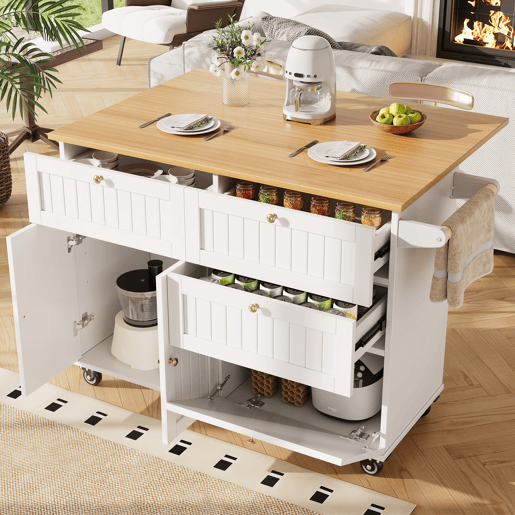 Ilha de cozinha moderna - Multifuncional com espaço de armazenamento e prateleiras extensíveis - Branco