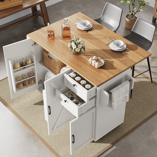 Ilha de cozinha moderna 120x40x75 - Mesa multifuncional com arrumação, carrinho de cozinha com prateleiras para lanches - Branco