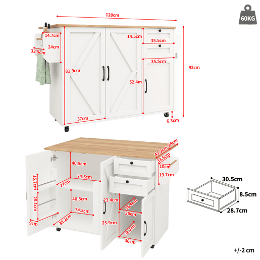 Ilha de cozinha moderna 120x40x75 - Mesa multifuncional com arrumação, carrinho de cozinha com prateleiras para lanches - Branco