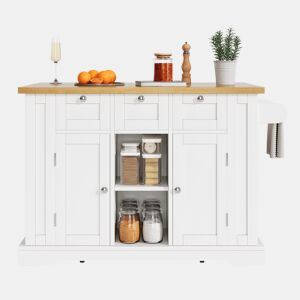 Mesa de cozinha móvel 132 cm - Estilo rústico, tampo dobrável, armário multifuncional, gaveta, prateleira para especiarias, suporte para toalhas, 5 rodas, tomada integrada - Branco+Natural