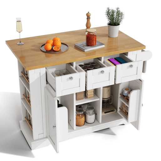 Mesa de cozinha móvel 132 cm - Estilo rústico, tampo dobrável, armário multifuncional, gaveta, prateleira para especiarias, suporte para toalhas, 5 rodas, tomada integrada - Branco+Natural