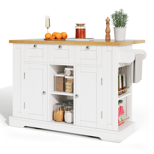 Mesa de cozinha móvel 132 cm - Estilo rústico, tampo dobrável, armário multifuncional, gaveta, prateleira para especiarias, suporte para toalhas, 5 rodas, tomada integrada - Branco+Natural