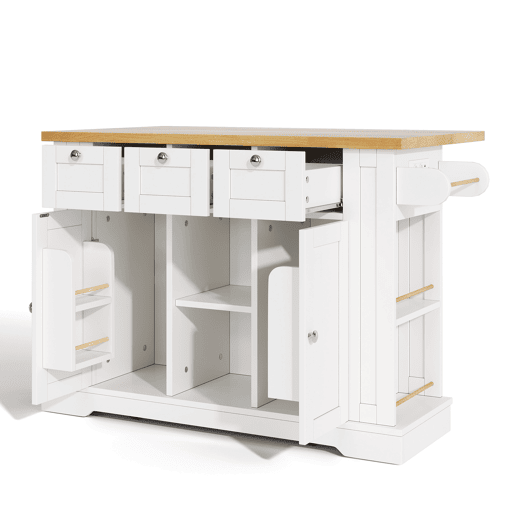 Mesa de cozinha móvel 132 cm - Estilo rústico, tampo dobrável, armário multifuncional, gaveta, prateleira para especiarias, suporte para toalhas, 5 rodas, tomada integrada - Branco+Natural