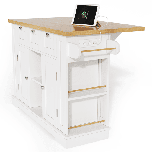 Mesa de cozinha móvel 132 cm - Estilo rústico, tampo dobrável, armário multifuncional, gaveta, prateleira para especiarias, suporte para toalhas, 5 rodas, tomada integrada - Branco+Natural