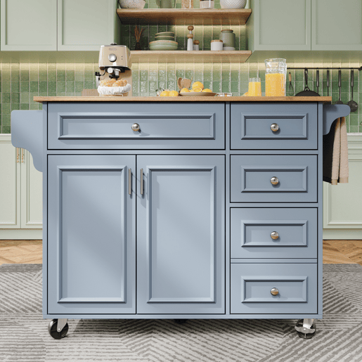 Ilha de cozinha 110x45-75x92 cm - Cozinha moderna, com prateleira removível e padrão vintage - Azul