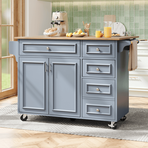 Ilha de cozinha 110x45-75x92 cm - Cozinha moderna, com prateleira removível e padrão vintage - Azul