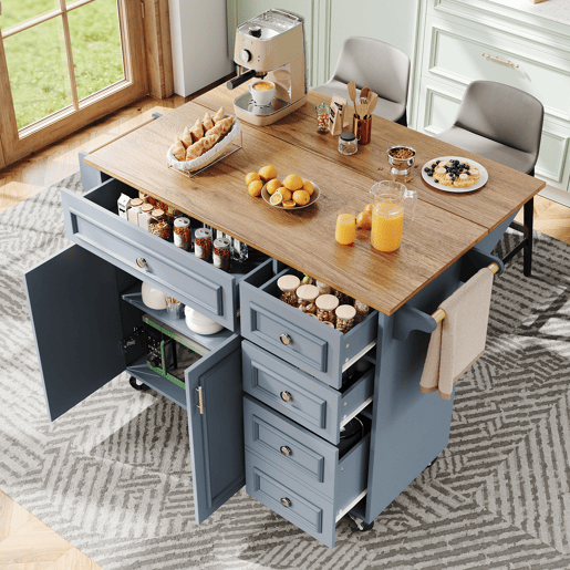 Ilha de cozinha 110x45-75x92 cm - Cozinha moderna, com prateleira removível e padrão vintage - Azul