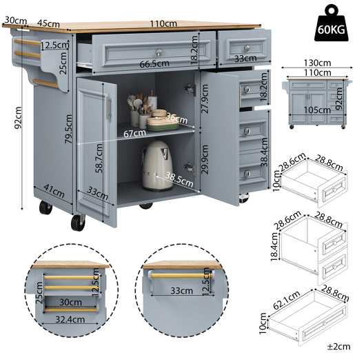 Ilha de cozinha 110x45-75x92 cm - Cozinha moderna, com prateleira removível e padrão vintage - Azul
