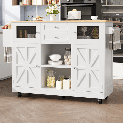 Ilha de cozinha - com superfície de trabalho, armário buffet, portas tridimensionais, com prateleiras ajustáveis, branco