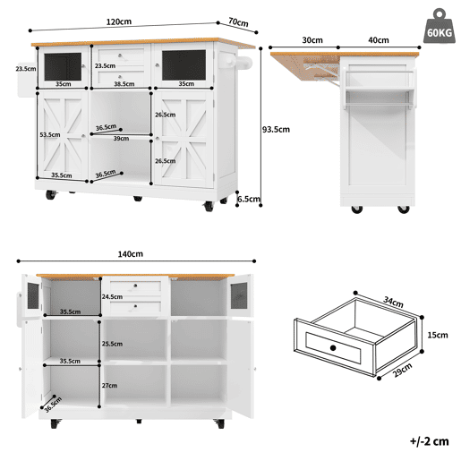Ilha de cozinha - com superfície de trabalho, armário buffet, portas tridimensionais, com prateleiras ajustáveis, branco