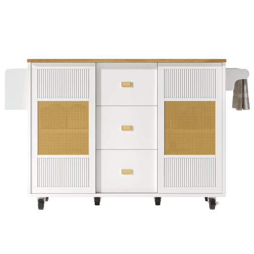Ilha de cozinha 120x73x90 cm - Carrinho de cozinha com rodas, prateleira para especiarias, suporte para toalhas, prateleiras ajustáveis - Branco