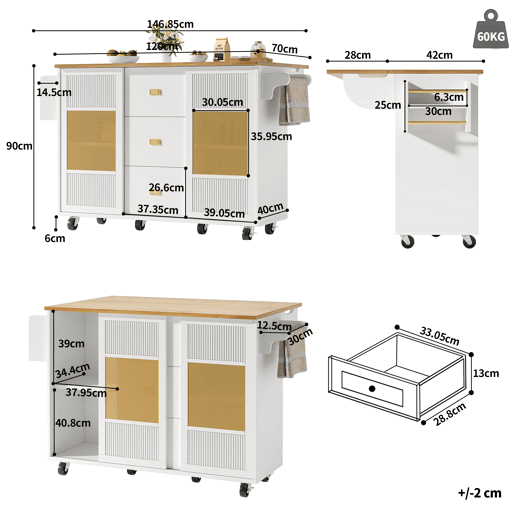 Ilha de cozinha 120x73x90 cm - Carrinho de cozinha com rodas, prateleira para especiarias, suporte para toalhas, prateleiras ajustáveis - Branco