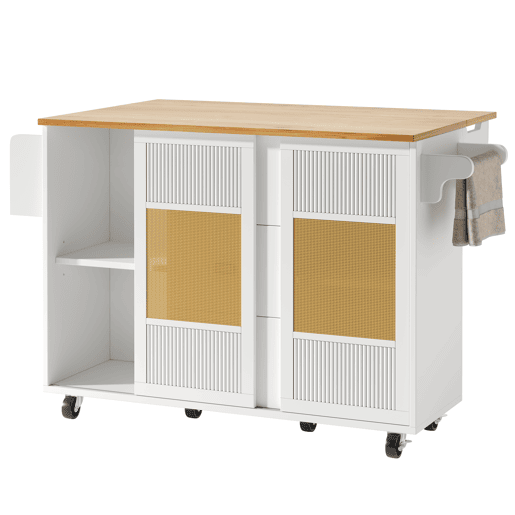 Ilha de cozinha 120x73x90 cm - Carrinho de cozinha com rodas, prateleira para especiarias, suporte para toalhas, prateleiras ajustáveis - Branco